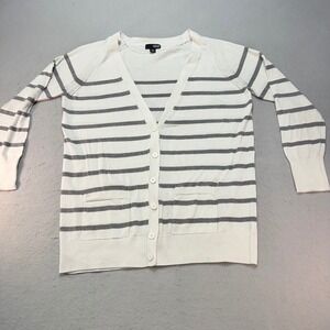 a.n.a Women's Cardigan Sweater Size L White Gray‎ Striped Long Sleeve Pockets
